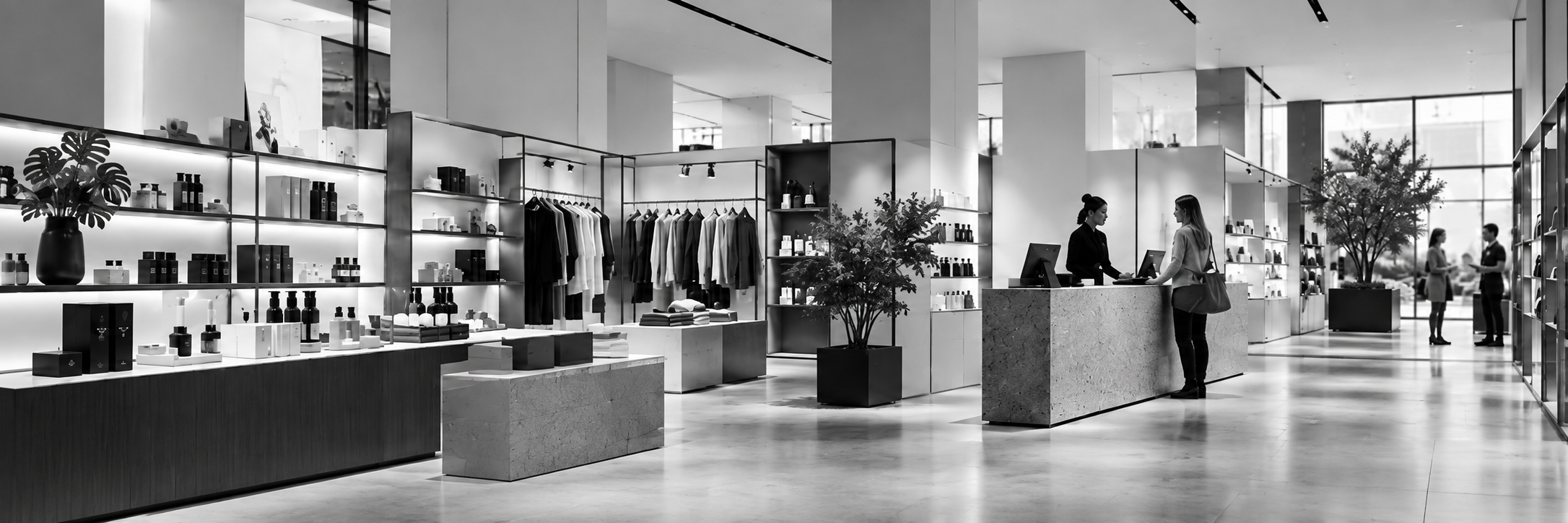Black-and-white panorama of a contemporary retail store with product displays, clothing racks, customers and checkout.