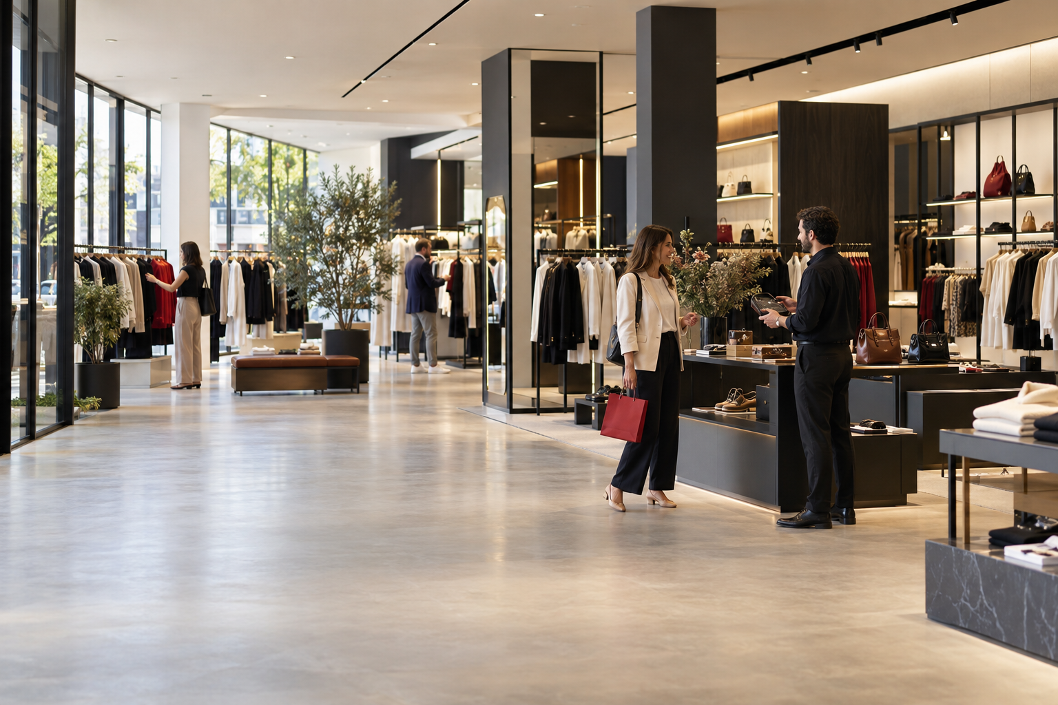 Customer and retail team member interacting inside a contemporary store.
