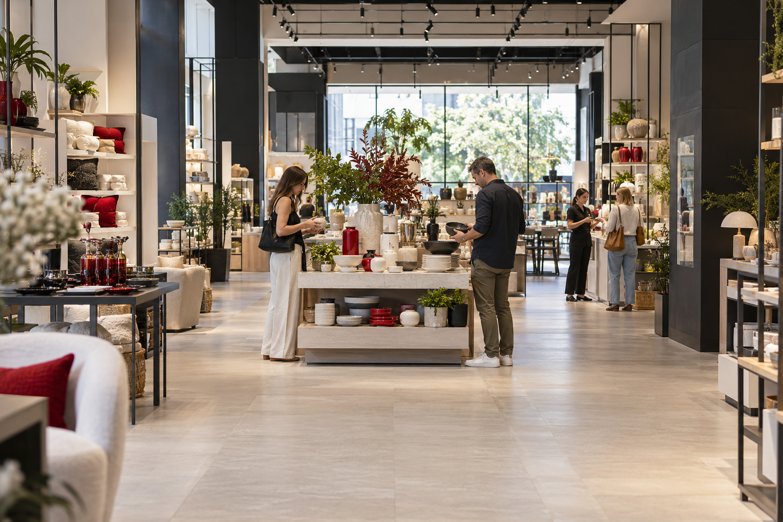 Customers browsing together inside a contemporary retail store.