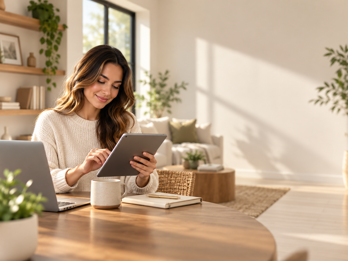 Woman at home using a tablet after an in-store purchase.
